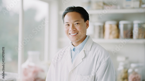 漢方医、漢方学者または漢方研究者の若いアジア人男性の明るい研究室でのポートレート