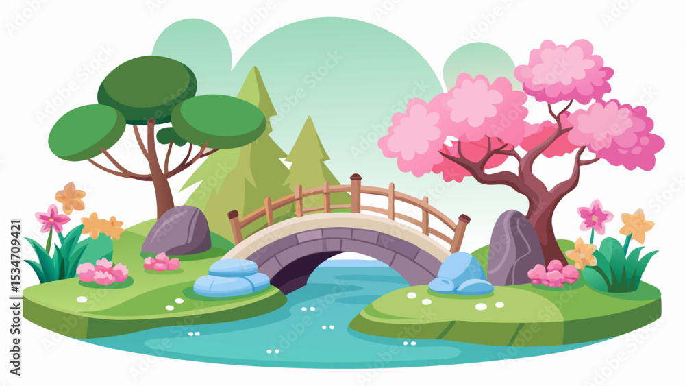 Obraz premium Serene Spring Landscape with Stone Bridge and Blooming Cherry Trees on a Hill cherry blossom