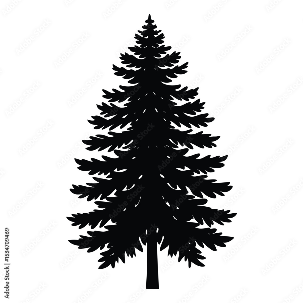 Obraz premium Bold and timeless, this pine tree vector silhouette stands tall with layered branches, capturing the essence of nature’s strength in a clean, minimalist black design. 