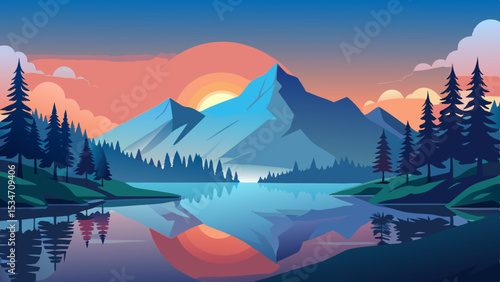 Serene Sunset Landscape with Mountain Lake and Pine Trees mountains lake reflection