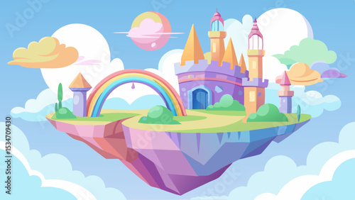 Pastel Castle on a Floating Island with Rainbow Dreamy Scene vector