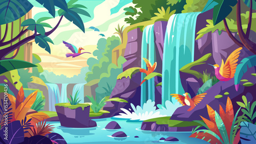Vibrant Tropical Waterfall Scene with Colorful Birds and Lush Foliage jungle rainforest