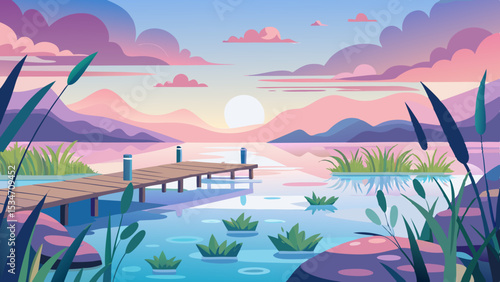 Serene Sunset Landscape with Wooden Dock Pink Mountains and Calm Lake vector