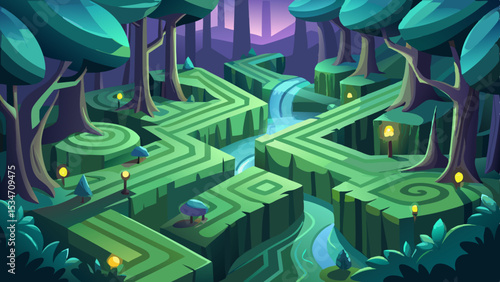 Enchanting Fantasy Meadow Labyrinth with Glowing Lights and Cascading Stream maze path