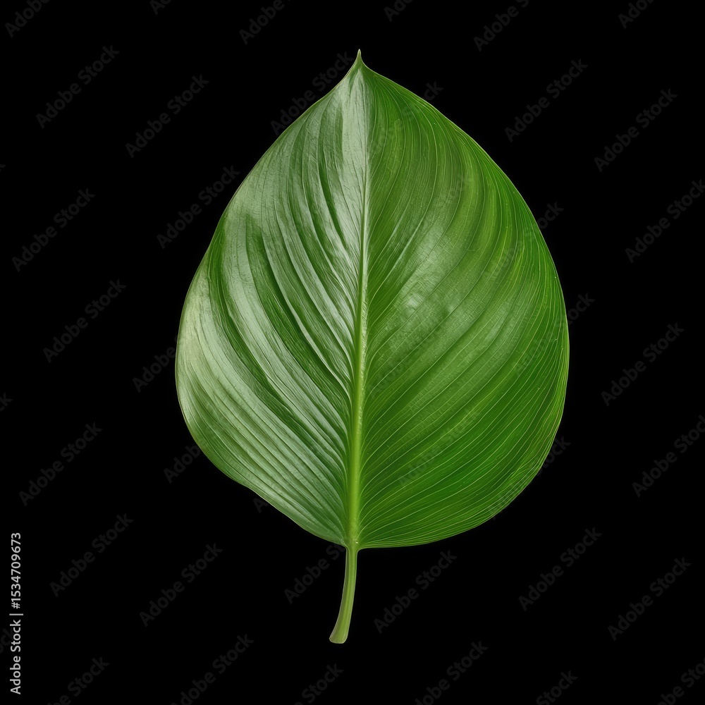 Fototapeta premium Curved leaf with elegant natural folds, showcasing vibrant green hues against black background, evokes sense of tranquility and beauty in nature