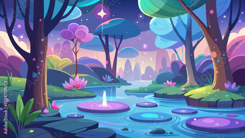 Enchanting Fantasy Forest River Scene with Purple and Blue Flowers and Trees on a White Background stream