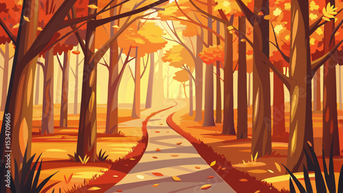 Autumnal Forest Path Winding Through Orange and Brown Trees with Fallen Leaves pathway