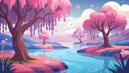 Dreamlike Spring Meadow with Pink Weeping Trees and Serene Blue River pink trees willow trees