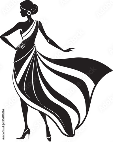 This collection of images displays various black and white illustration of traditional South Asian women's garment, likely saree, with different draping styles and pattern.