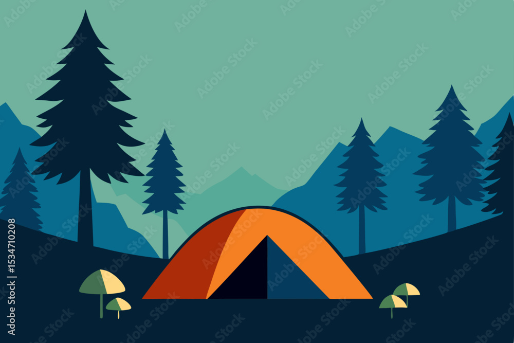 tent-in-a-pine-forest-clearing-with-wild-mushrooms tent-in-a-pine-forest-clearing-with-wild-mushrooms