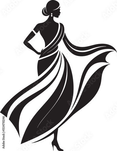 This collection of images displays various black and white illustration of traditional South Asian women's garment, likely saree, with different draping styles and pattern.