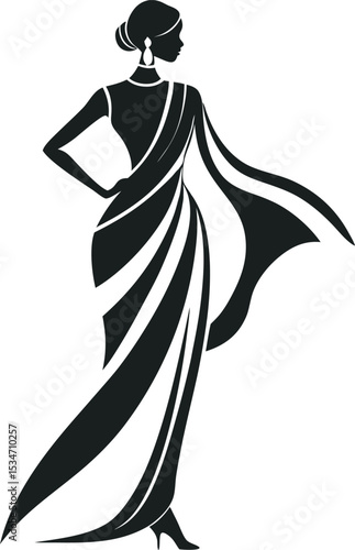 This collection of images displays various black and white illustration of traditional South Asian women's garment, likely saree, with different draping styles and pattern.