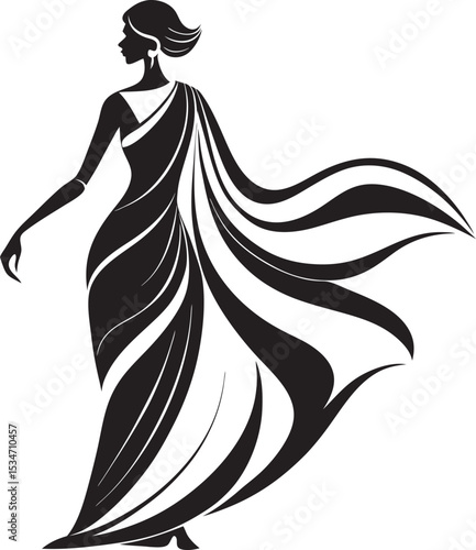 This collection of images displays various black and white illustration of traditional South Asian women's garment, likely saree, with different draping styles and pattern.