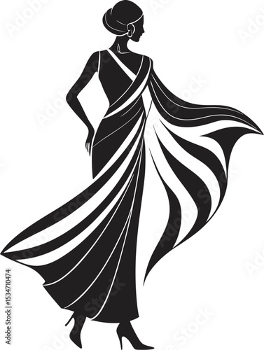 This collection of images displays various black and white illustration of traditional South Asian women's garment, likely saree, with different draping styles and pattern.