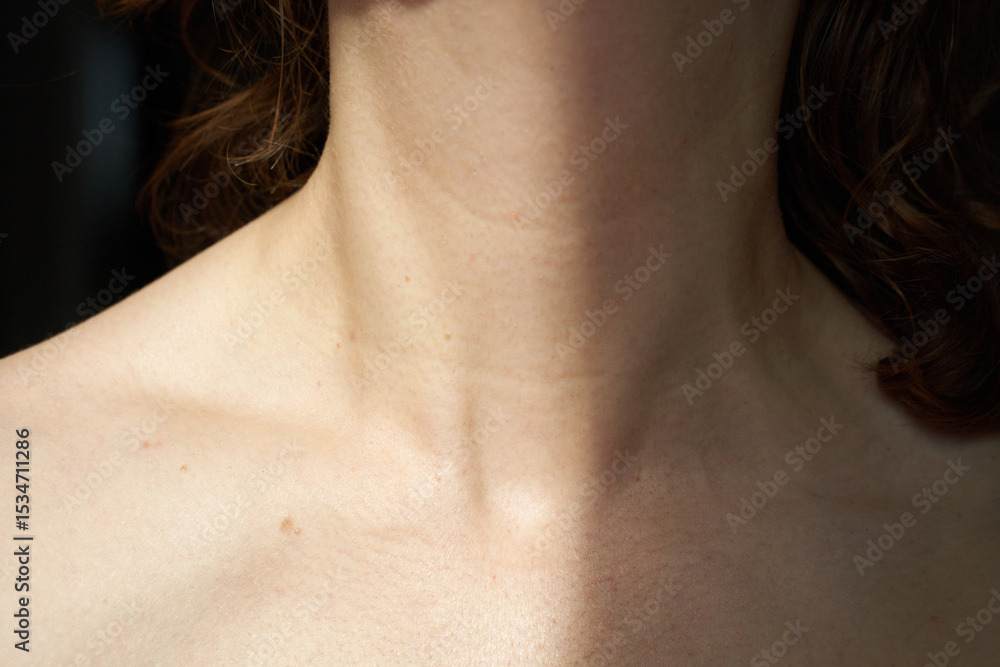 Close-up of female neck and collarbone with natural light and brown curly hair. Close-up of female neck and collarbone with natural light and brown curly hair.