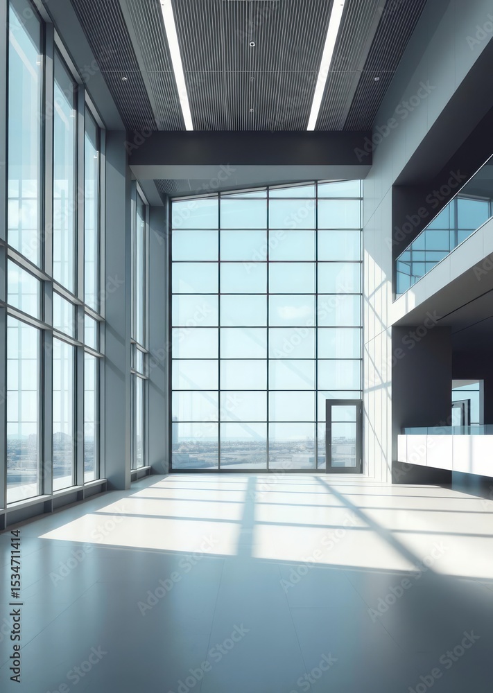 Obraz premium Stylish interior of a modern office and a large window Empty room interior design striking structures clean lines geometric shapes dramatic angles play of light