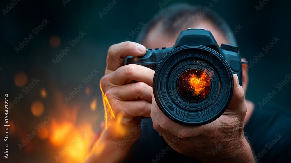 A photographer holds a camera with a fiery reflection in the lens, capturing a dynamic and intense moment outdoors