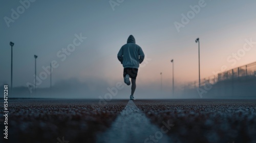 Runner Wearing Hooded Sweater Running on Track During Dawn in Misty Outdoor Setting