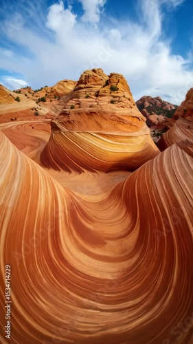 Striated sandstone formation with curving layers creating wave like patterns under a blue sky with clouds, desert landscape, rock formations