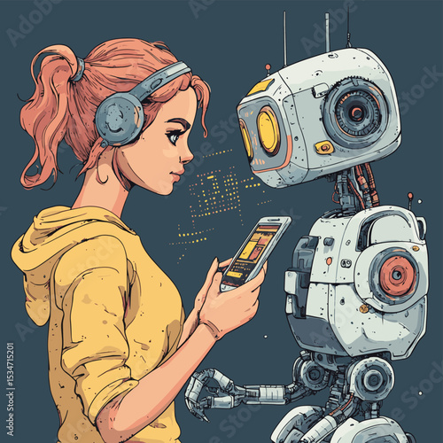 Woman Utilizing AI on Phone While Robots Perform Creative Activities, vector style simple color
