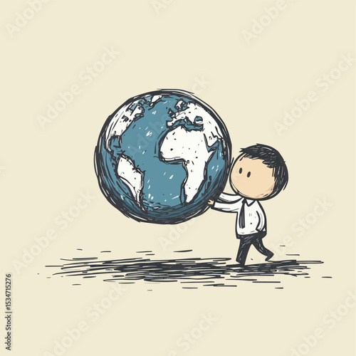Cartoon stick man drawing conceptual illustration of businessman pushing or rolling world Earth globe