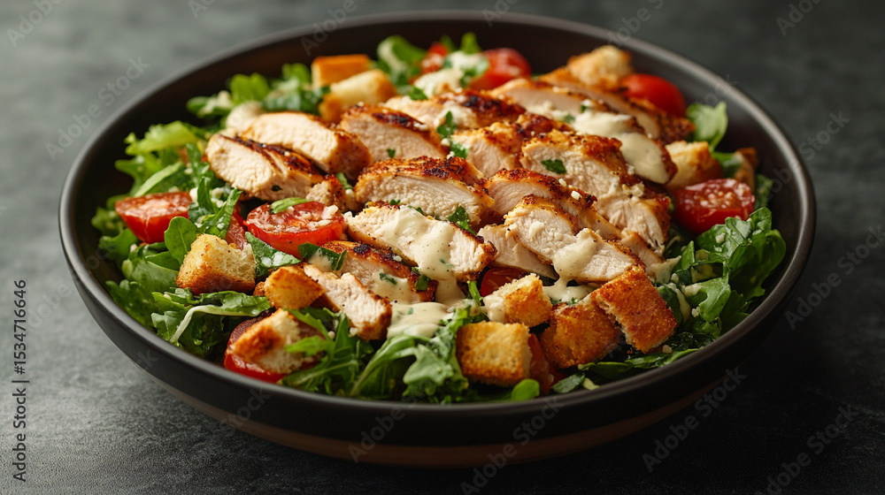 A vibrant chicken caesar salad served fresh a symphony of flavors and textures for a healthy lunch A vibrant chicken caesar salad served fresh a symphony of flavors and textures for a healthy lunch