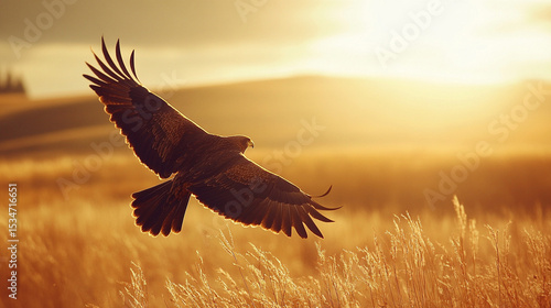 A majestic golden eagle soaring over a sunlit field embodying freedom and wild spirit back lit