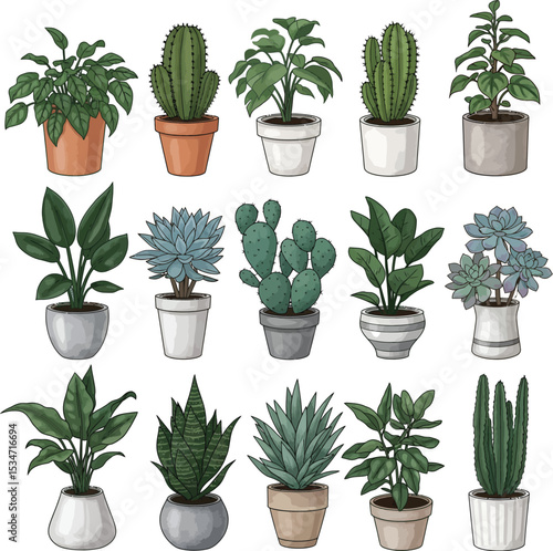 Digital Illustration of Potted Plants in a Grid Layout with Botanical Variety