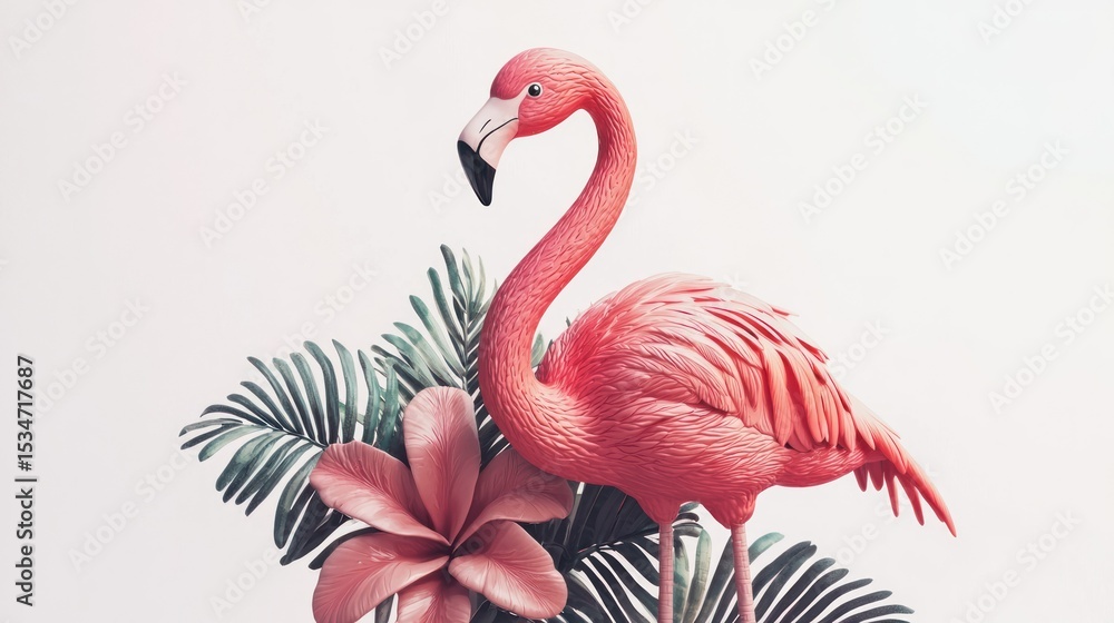 Obraz premium 3D render of a flamingo figurine with tropical style on white background