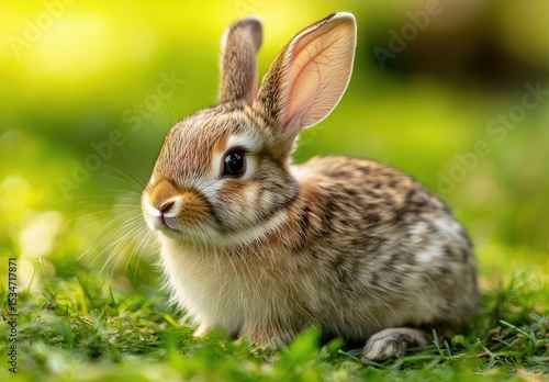Cute baby bunny in grassy field