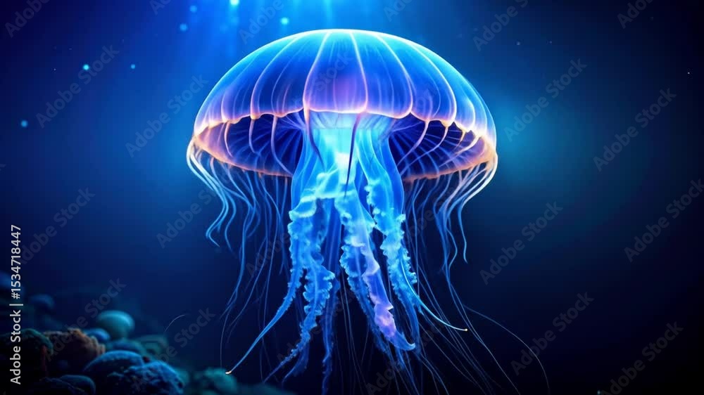 Glowing Blue Jellyfish Underwater Glowing Blue Jellyfish Underwater