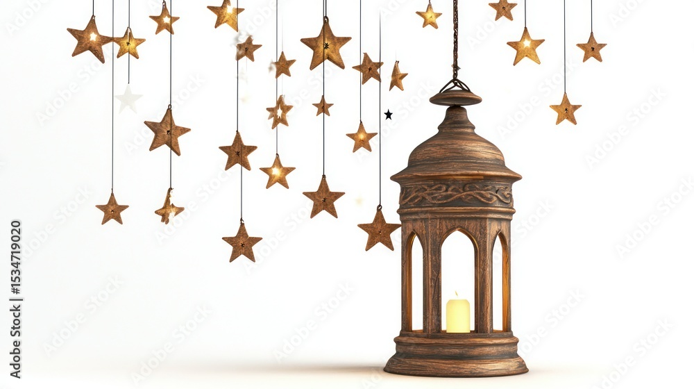 Obraz premium 3D render of a lantern with hanging stars decor on white background