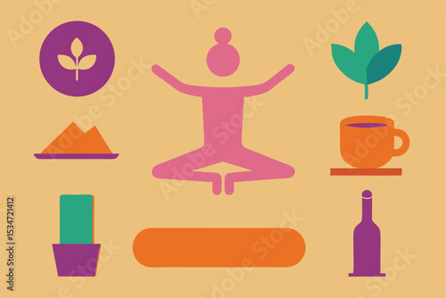 Yoga Icons: A minimalist icon set presents a holistic lifestyle through symbols like yoga poses, nature elements, and moments of relaxation, illustrating a serene and balanced life.