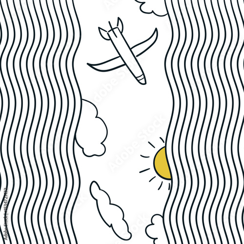 Between the vertical wavy masses, a cartoonish airplane flies in the sky among the clouds. A yellow sun sticks out at the edge.