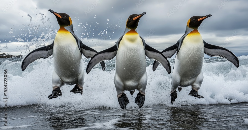 Fototapeta premium Three penguins leap through waves