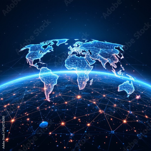 Digital mesh network with world map and glowing circuits