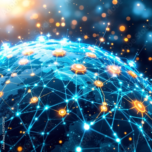 Futuristic global communication grid with blue glowing lines