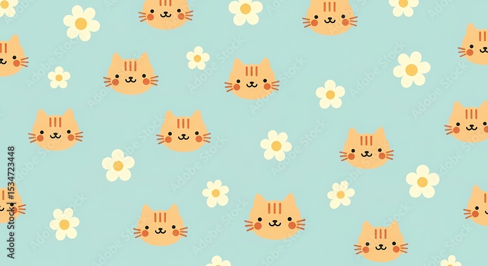 Fototapeta premium Cute Orange Cat Face and White Daisy Seamless Pattern on Light Blue Background. Adorable Kitten and Floral Illustration for Kids Design.