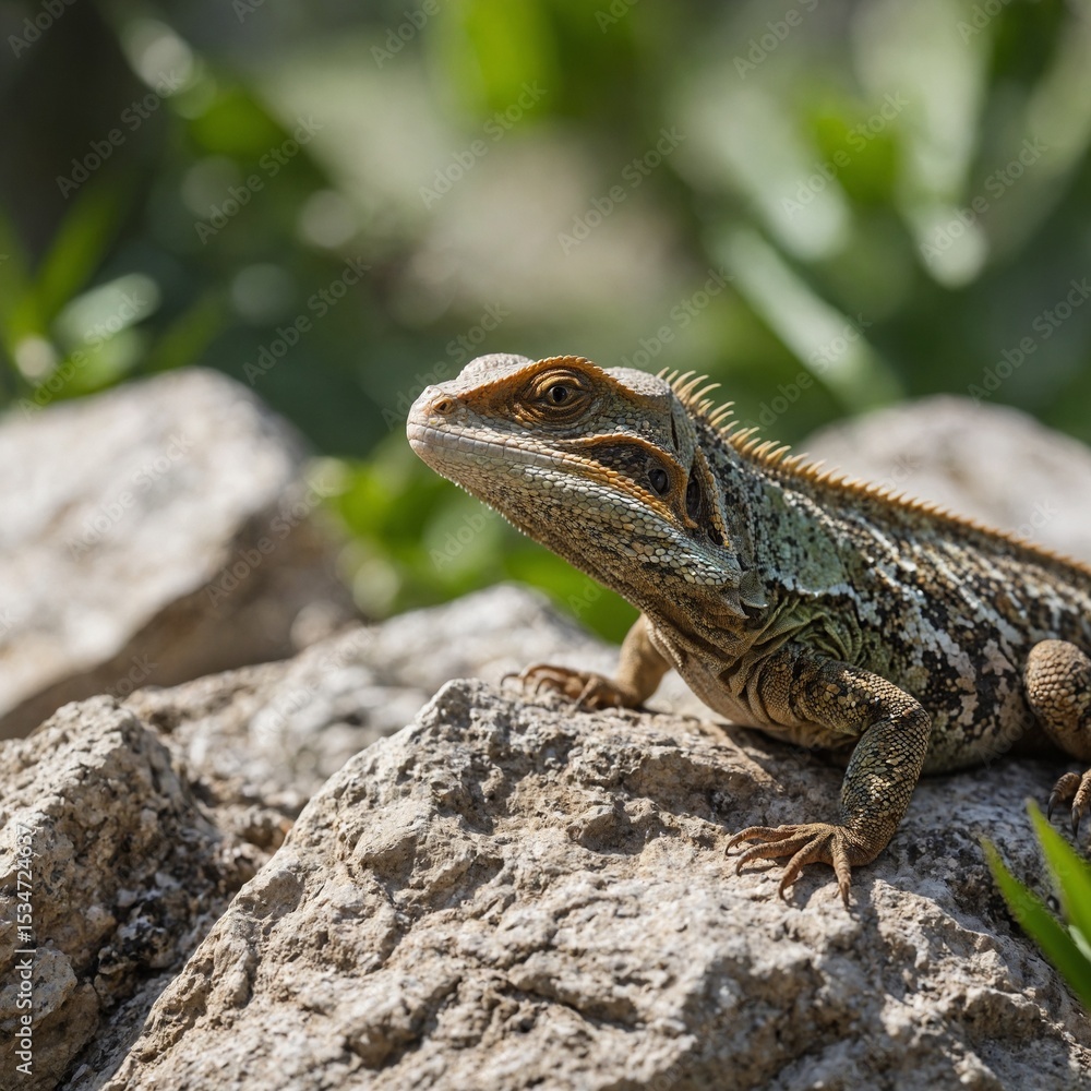 A jungle lizard sunbathing on a rock, white background A jungle lizard sunbathing on a rock, white background