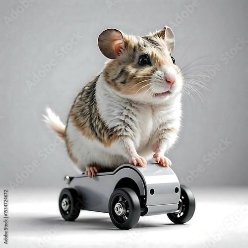 A roborovsky hamster sits on the small car