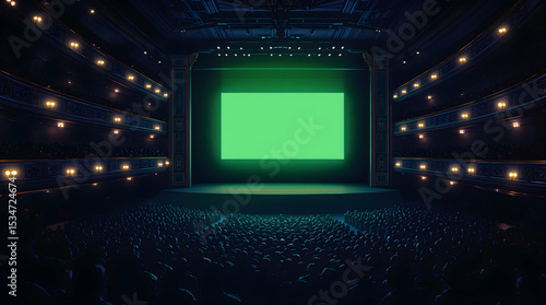 Large Theater Stage with Green Screen in Dark Auditorium with Audience Silhouettes