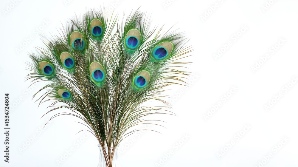 Obraz premium 3D render of a tabletop peacock feather arrangement in vase on white background