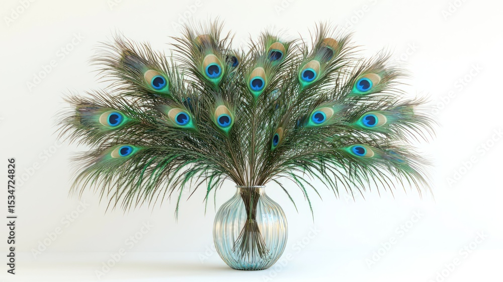 Obraz premium 3D render of a tabletop peacock feather arrangement in vase on white background
