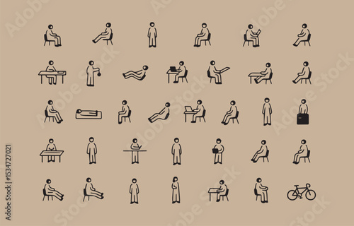 Collection of simple stick figures illustrating various human poses and activities