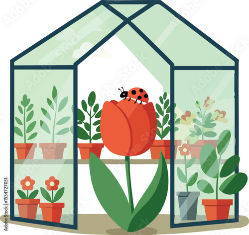 Greenhouse with potted plants and red tulip with ladybug vector illustration 