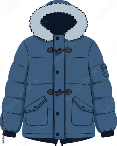 Blue winter parka jacket with fur hood vector illustration for cold weather fashion 
