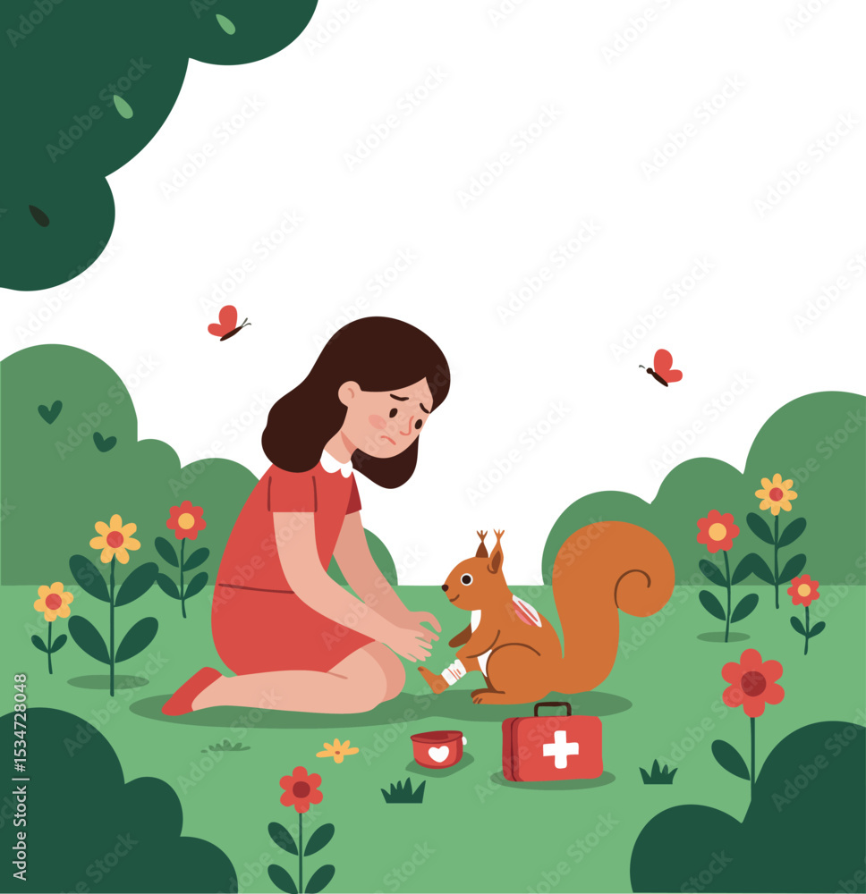 Fototapeta premium Girl feeding squirrel in garden surrounded by flowers and butterflies vector illustration 