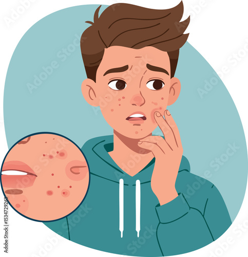 Teenager worried about acne skin problem with closeup of red pimples on face vector illustration 