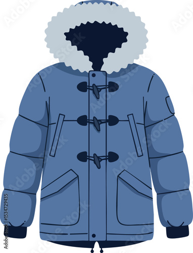 Blue winter jacket with hood and toggle buttons vector illustration for cold weather fashion 