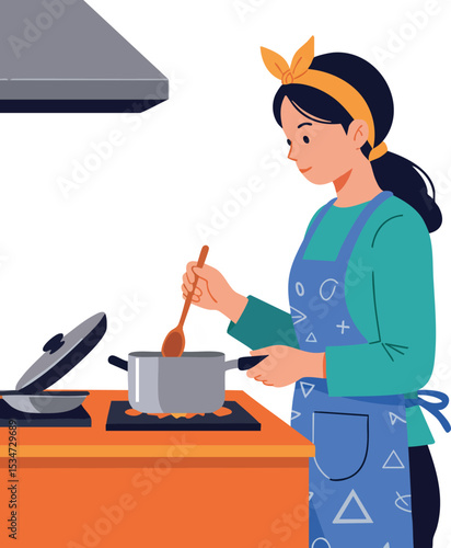 Woman cooking in kitchen stirring pot with wooden spoon wearing apron and headband 